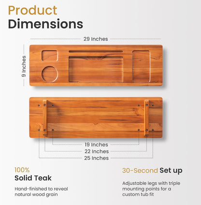 Teak Bathtub Tray for Freestanding Tubs - 35" Heavy-Duty Luxury Bath Caddy, Non-Slip Zero-Wobble Design, Water-Resistant Spa Organizer with Wine Glass & Phone Holder