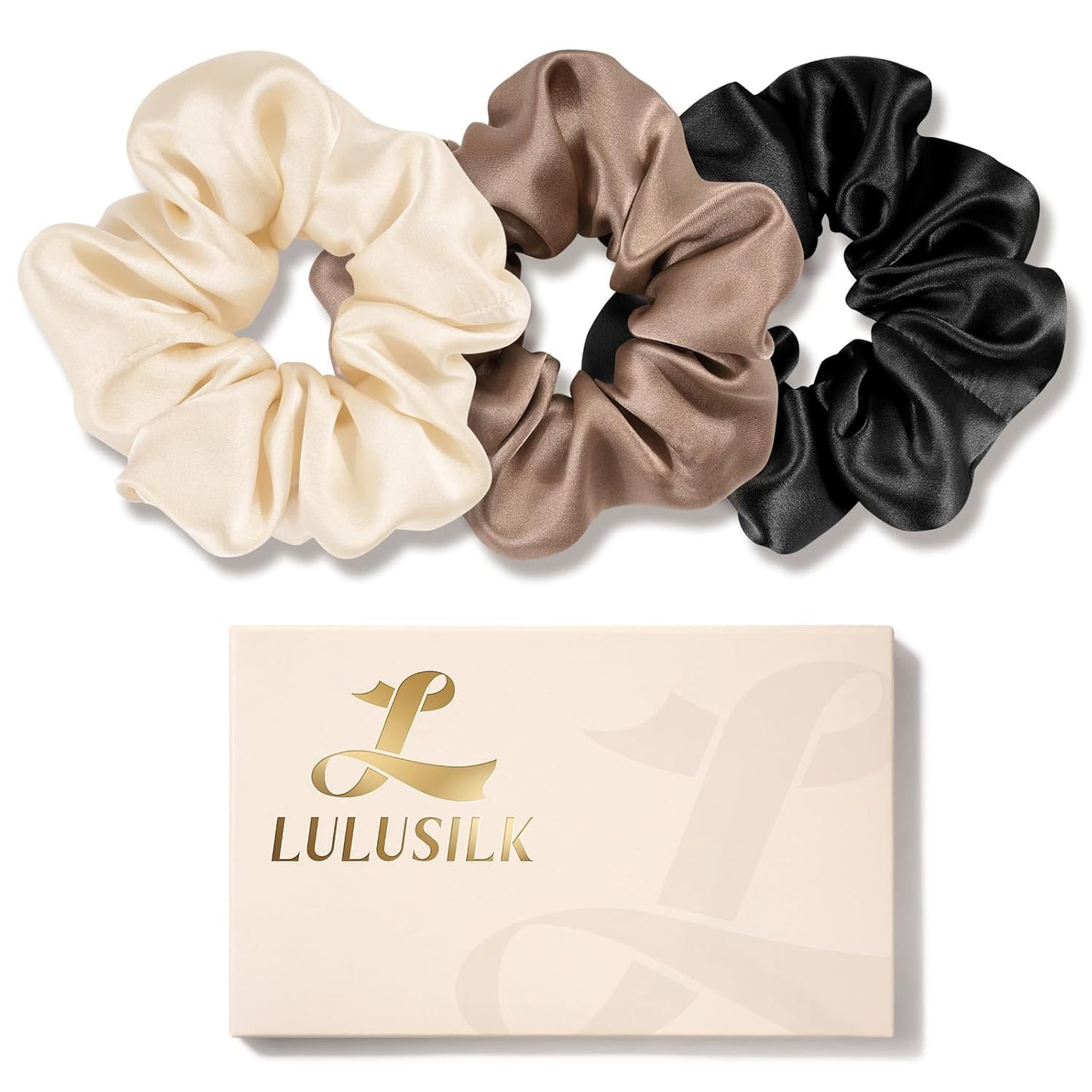 LULUSILK Silk Scrunchies for Hair Sleep, 100% Real Mulberry Silk, No Damage Hair Ties for Women and Girls, Classic Black, Pack of 3