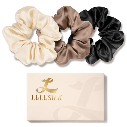LULUSILK Silk Scrunchies for Hair Sleep, 100% Real Mulberry Silk, No Damage Hair Ties for Women and Girls, Classic Black, Pack of 3