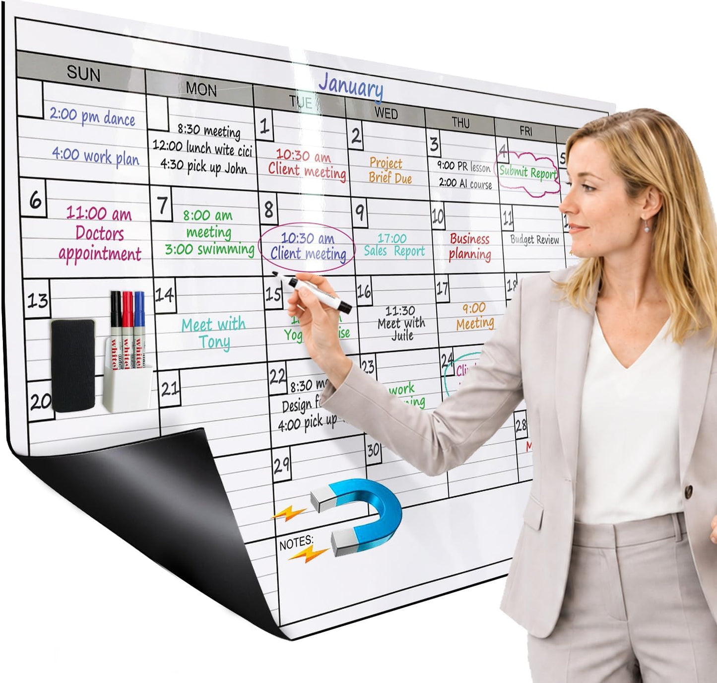 Dry Erase Monthly Extra Large White Board Calendar for Wall, 25" by 38", Jumbo Laminated Erasable One Month Whiteboard Calendar, Huge Oversized Blank 30-Day Poster with Lines and Squares