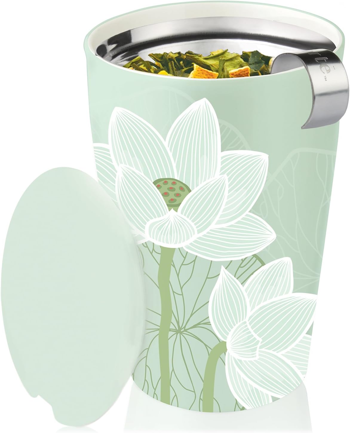 Tea Forte Double-Walled Ceramic Kati Cup, Removable Stainless Steel Infuser Basket and Lid, Steeps 12 oz Loose Leaf Tea, Dishwasher & Microwave Safe, Cherry Blossom