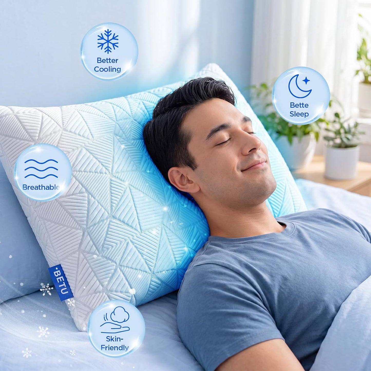 BETU Cooling Pillow Queen Size, Shredded Memory Foam Pillow for Hot Sleepers, Adjustable Firm Soft Support Pillows, Cool Bed Pillows for Side Back Stomach Sleeping Sleepers, gifts for boyfriend, White