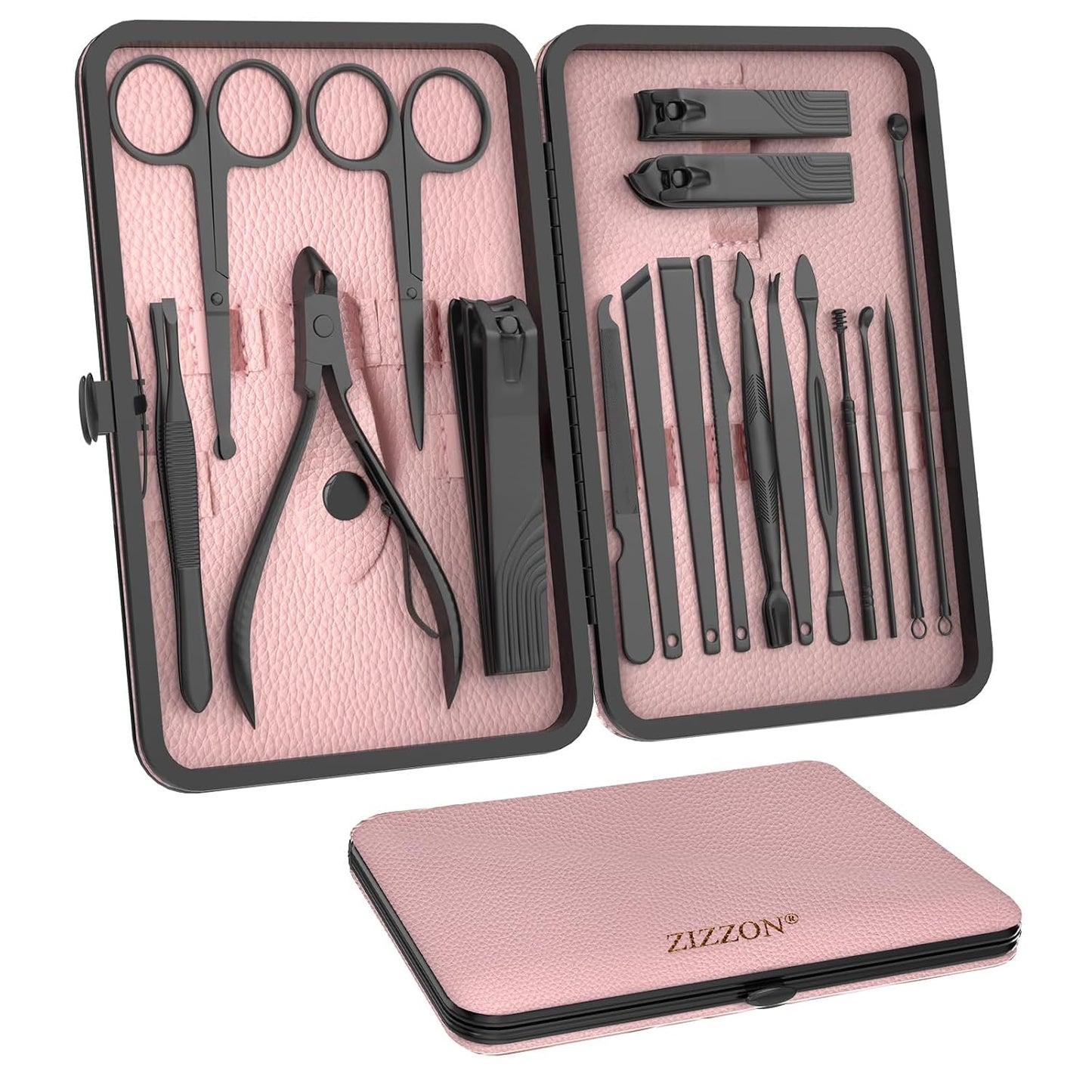 ZIZZON Nail Clippers Manicure Pedicure Set 18 in 1 Nail Grooming Kit with Leather Travel Case(Black/Pink)