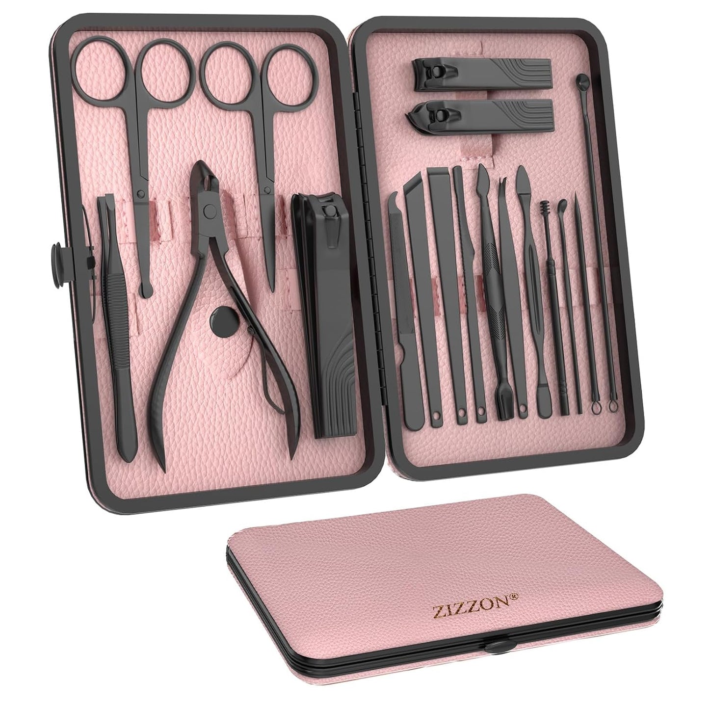 ZIZZON Nail Clippers Manicure Pedicure Set 18 in 1 Nail Grooming Kit with Leather Travel Case(Black/Pink)