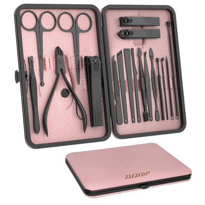ZIZZON Nail Clippers Manicure Pedicure Set 18 in 1 Nail Grooming Kit with Leather Travel Case(Black/Pink)
