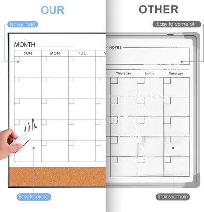 ARCOBIS Dry Erase Calendar with Cork Board for Wall, 24"x 18" Magnetic Calendar Whiteboard with Black Frame, Monthly Combination Board for School, Home, Office