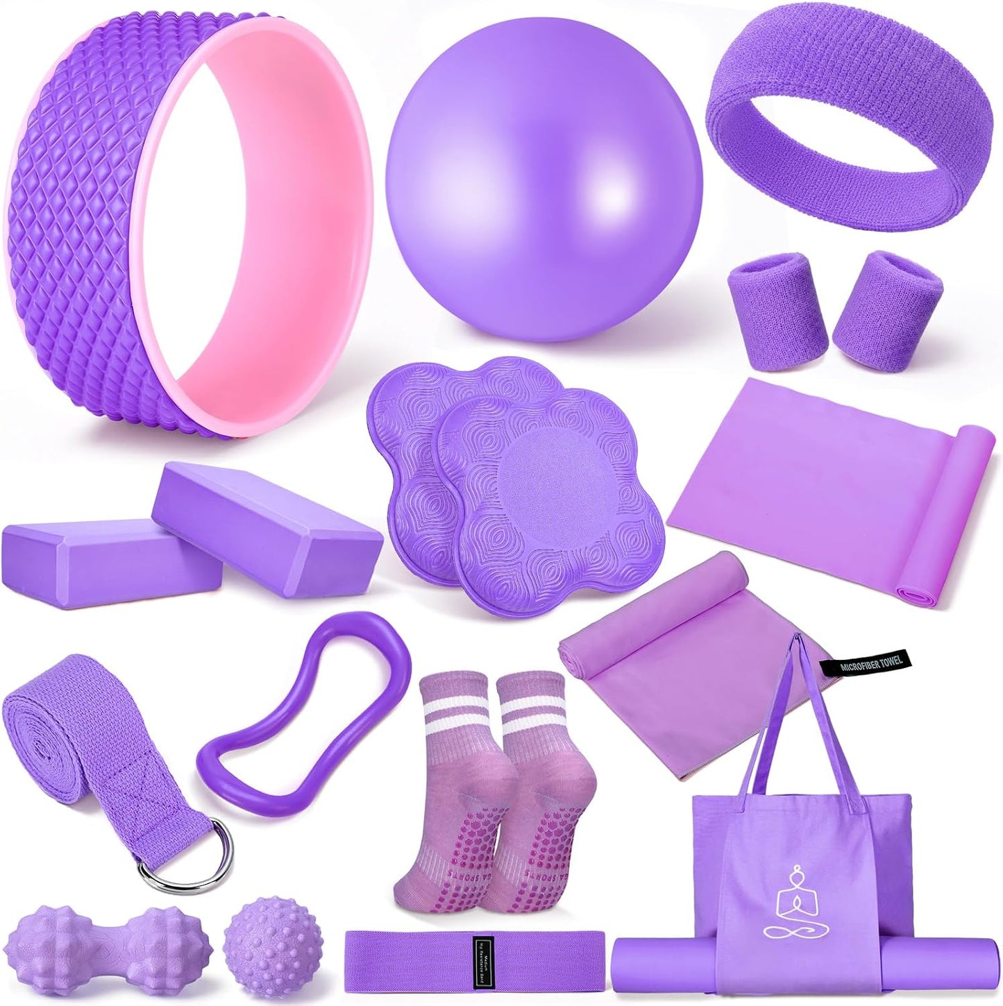 Gemscream 17 Pcs Yoga Essential Kit for Women, Pilates Equipment Starter Set for Beginners with Yoga Wheel Ball Blocks Strap Resistance Bands Wrist Rings Socks Towel & Carry Bag for Home Workouts