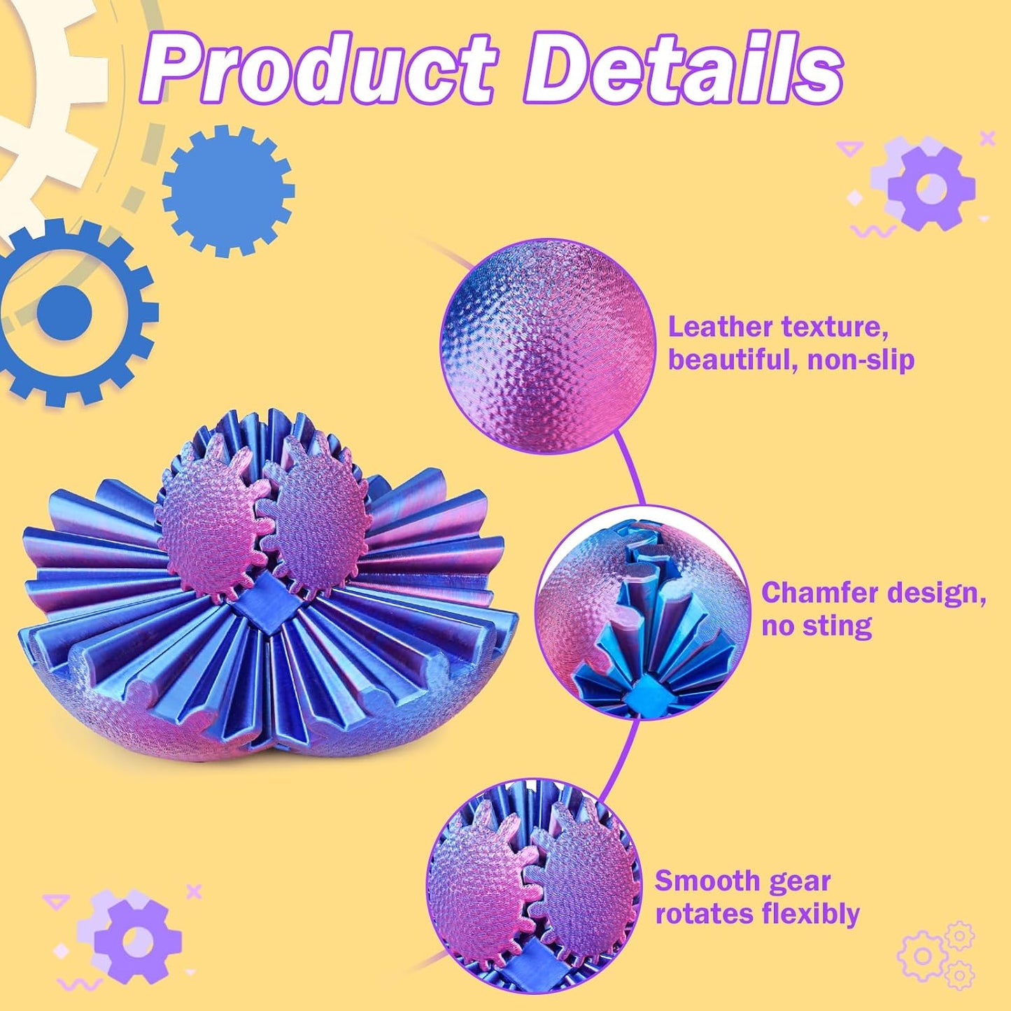 Gear Ball Fidget Toys Steampunk Gear Sphere Stress Relief for Kids Adults 3D Printed Unique Funny Birthday Gift for Christmas White Elephant Stocking Stuffer Easter (Ombre Purple, Dia. 2.5" )