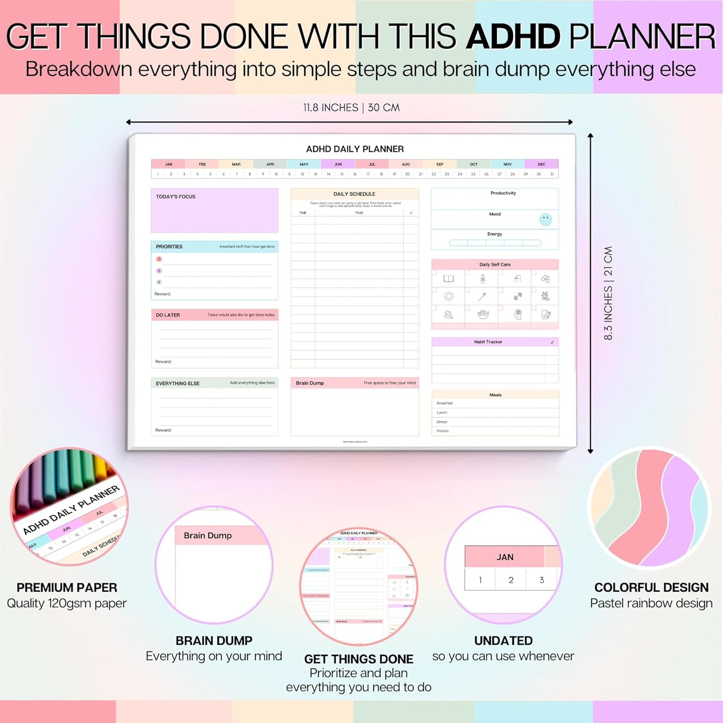 ADHD Daily Planner Notepad for Neurodivergent Adults - Productivity Daily Planner Desk Pad & Task Management to Stay Organized and Focused Note Pad (Rainbow, A4 Portrait)