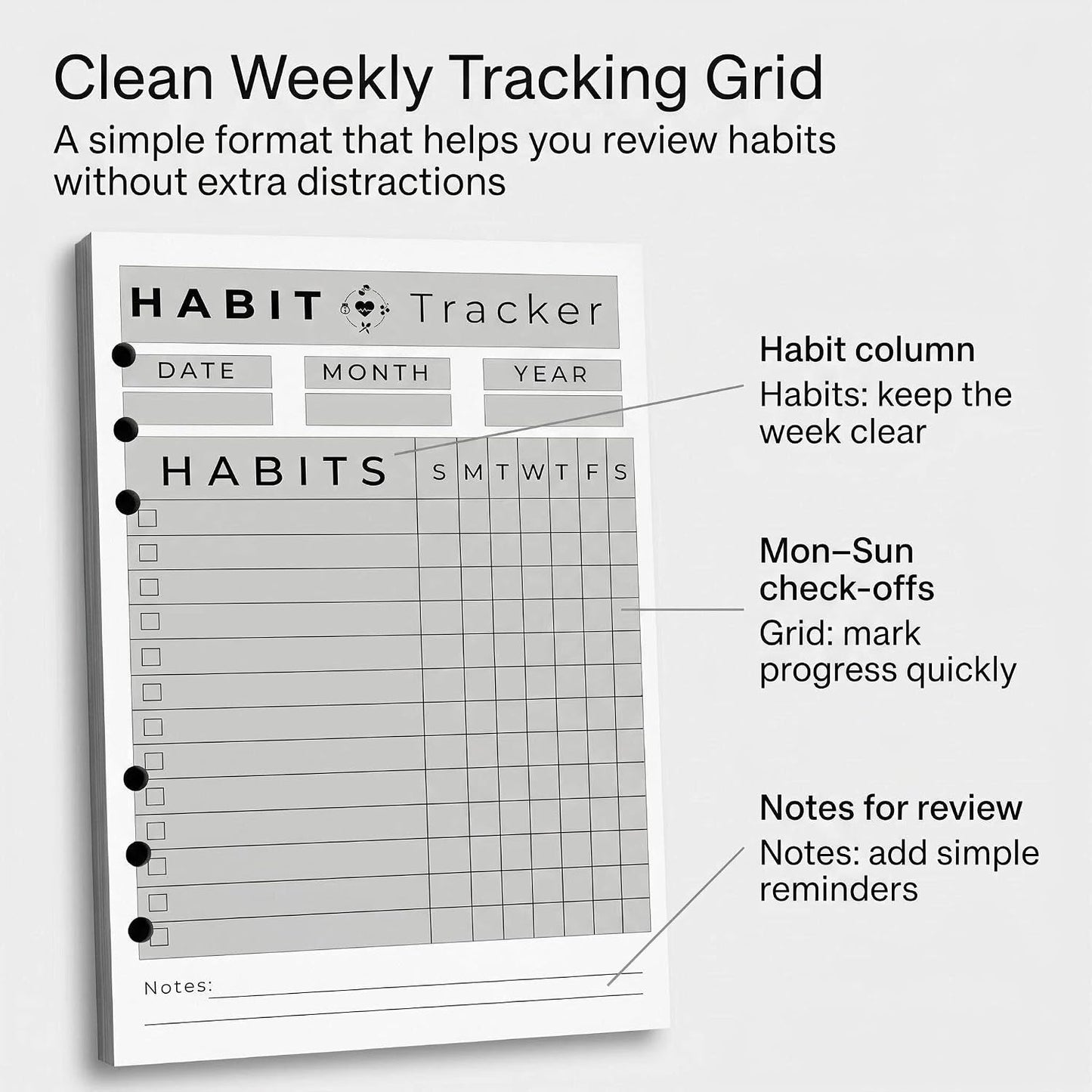 A5 Weekly Habit Tracker Inserts - Motivation & Rewards Pages for Weekly Goals and Consistency, Double-Sided 6-Hole Refill for A5 Binders, 50 Sheets, 100 Pages
