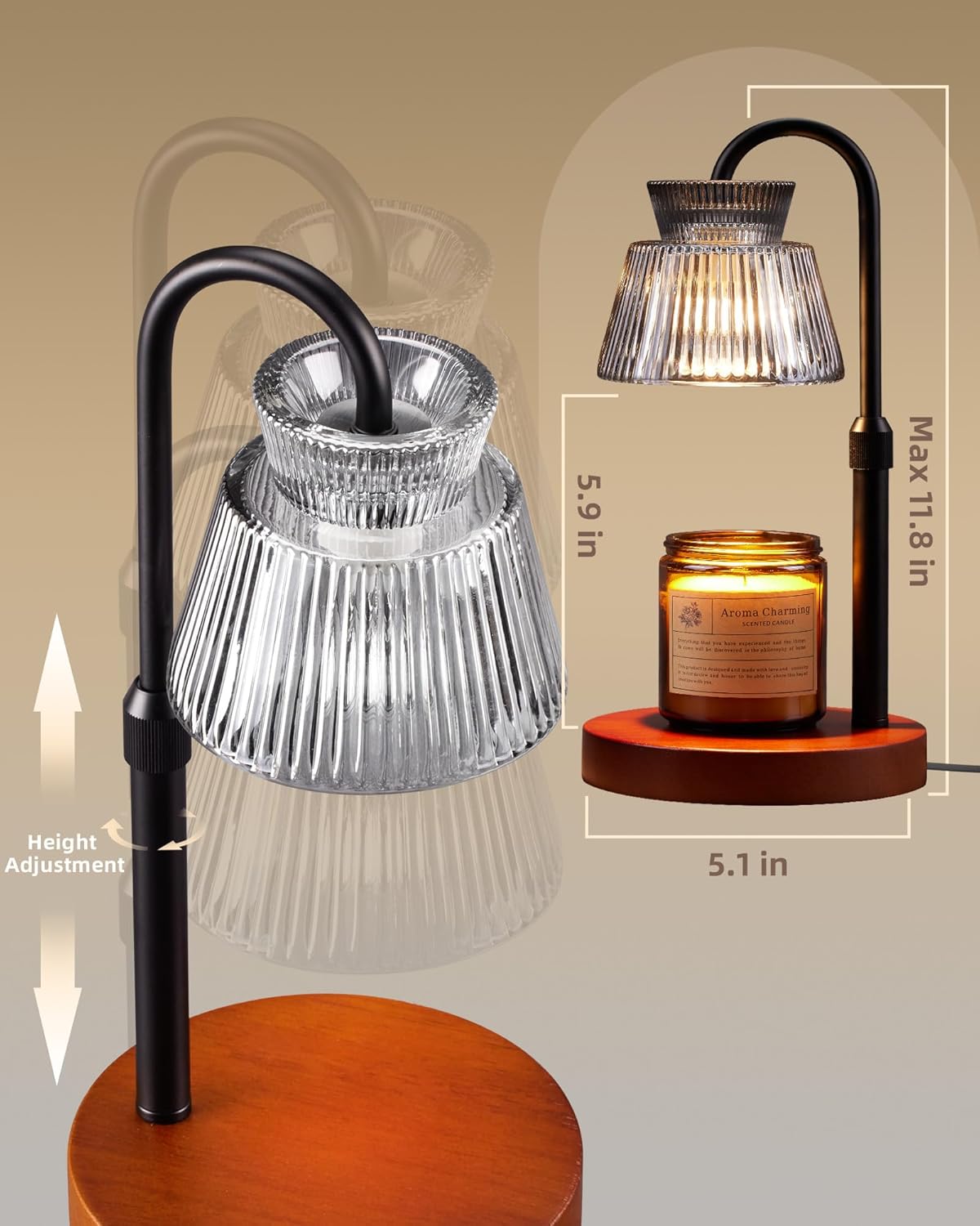 LISUNAR Electric Candle Warmer Lamp Black, Candle Lamp Warmer with Timer, Wax Warmer Lamp for Jar Candles, Adjustable Height Candle Light Warmer with 2 Bulbs