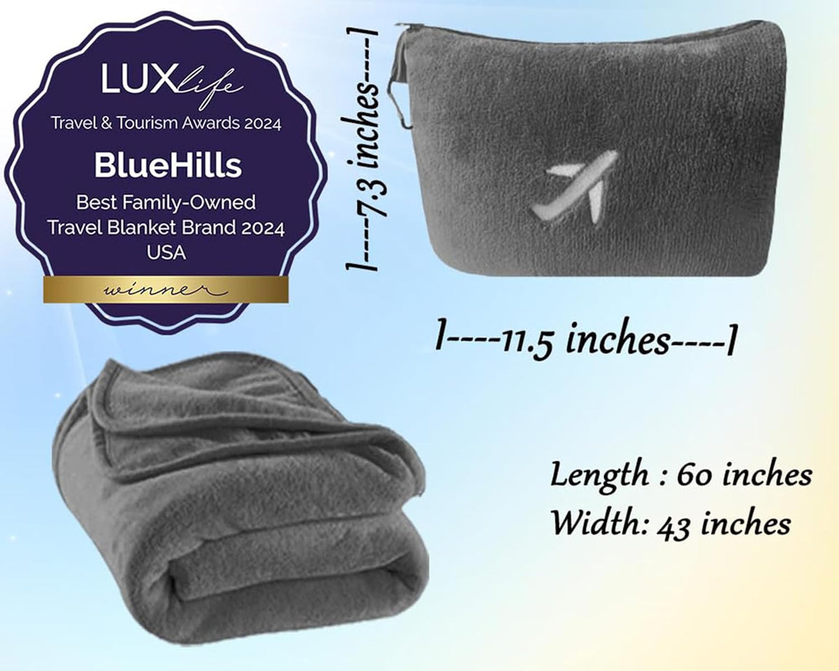 BlueHills Premium Soft Plush Mini Travel Blanket Pillow Plane 2 in 1 Gray