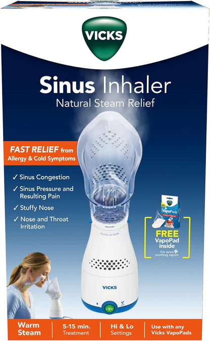 Vicks Sinus Inhaler, Plug-in Non-Medicated Steam Inhaler for Sinus Relief, Allergies, Congestion & Colds, Vocal Steamer, Soothes Nasal & Throat Passages, Works with VapoPads (1 Included)
