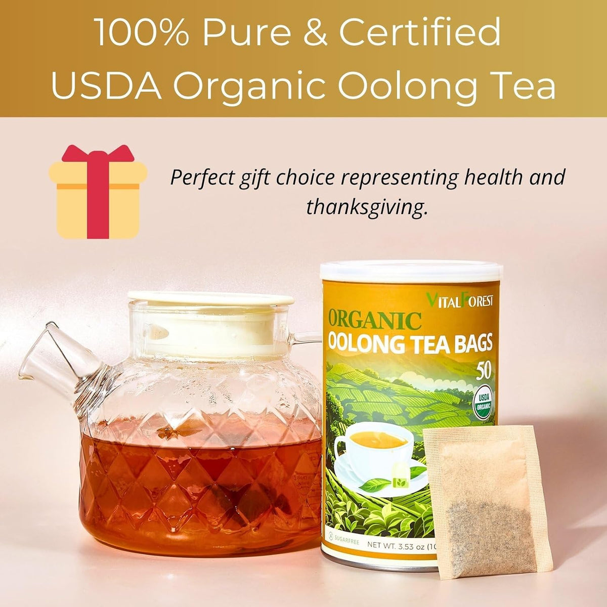 Organic Oolong Tea Bags, 50 Count, Unbleached, ECO-Conscious Chinese Oolong Tea, VitalForest High Mountain Tea Tie Guan Yin, Non-GMO, Container Pack for Gift Set