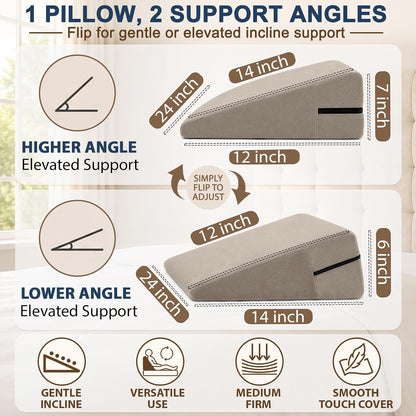sokoro Bed Wedge Pillow for Sleeping, Small 7 Inch Compact Triangle Wedge Pillow for Acid Reflux, Sleep Apnea & Snoring Relief, Firm Incline for Back Support, Washable Cover (Grey, 24x14x7 in)
