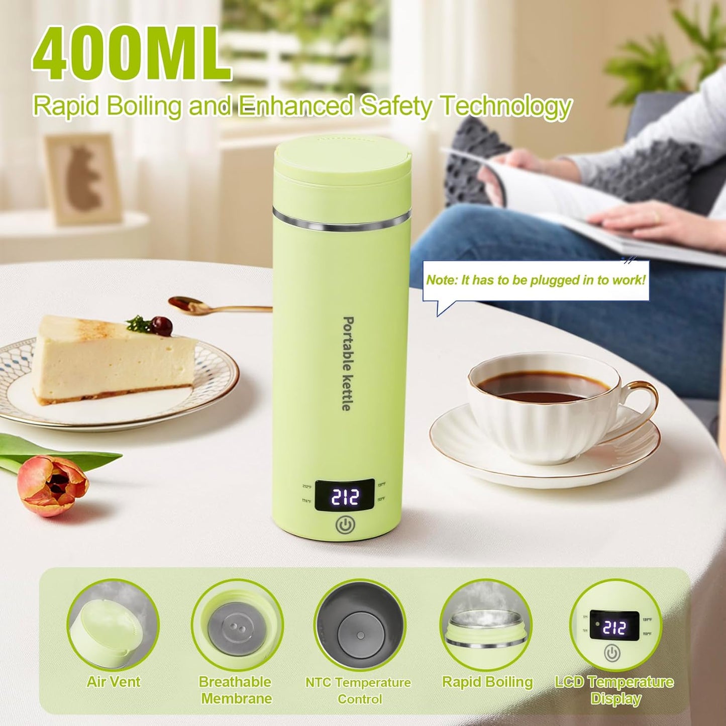 Travel Electric Kettle Portable Mini Kettle,Small Hot Water Boiler with 4 Temperature Settings,304 Stainless Steel,Fast Boiling Water with Auto Shut-Off and Boil Dry Protection,400ml (Beige, 400ML)