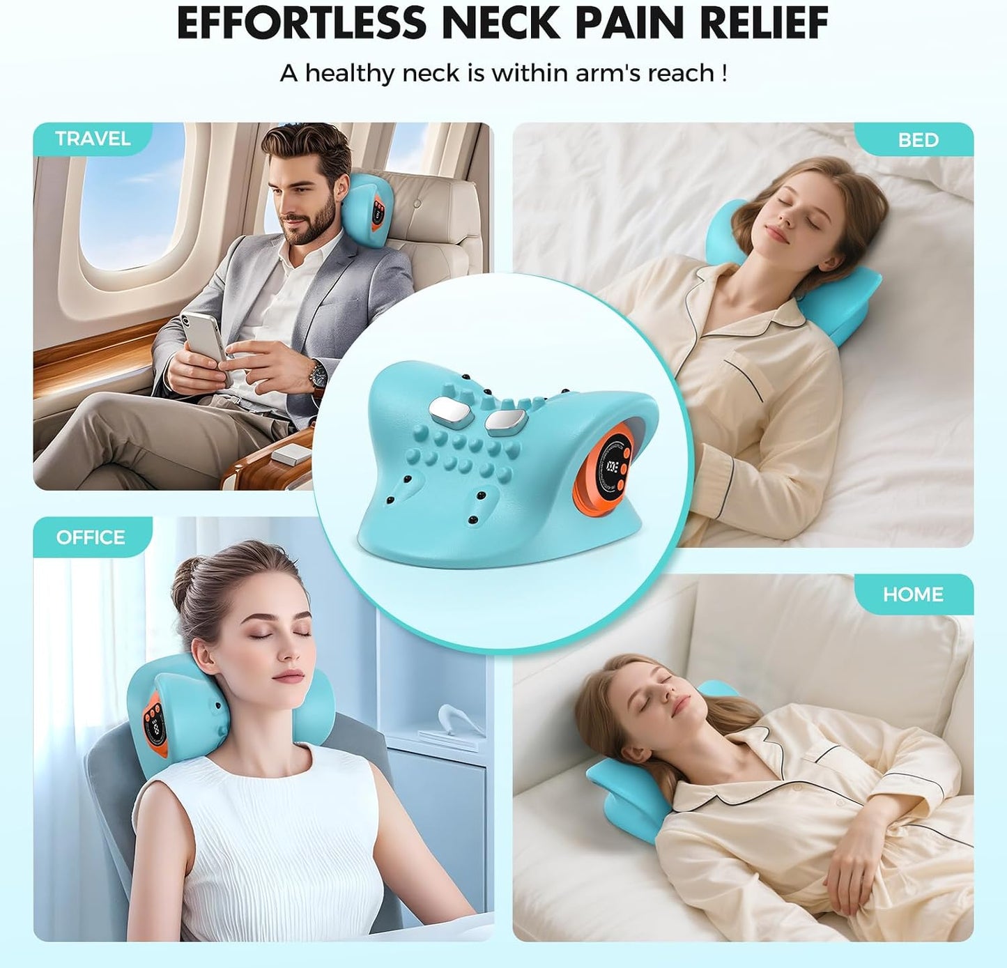 Smedz Neck Massager 2026, 4-in-1 Neck & Shoulder Massager with Multi-Directional Stretch, Heating & Vibration, 360° Remote Control–Ergonomic for Home, Office, Car Travel‌（Sky Blue‌）