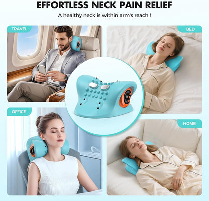 Smedz Neck Massager 2026, 4-in-1 Neck & Shoulder Massager with Multi-Directional Stretch, Heating & Vibration, 360° Remote Control–Ergonomic for Home, Office, Car Travel‌（Sky Blue‌）