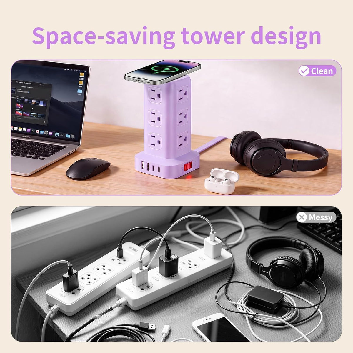 Extension Cord with Multiple Outlets, SMALLRT Power Strip Tower, Outlet Extender with 12 AC Outlets 4 USB, 6.5FT Extension Cord for Home Dorm Room, Office Supplies,Overload Protection