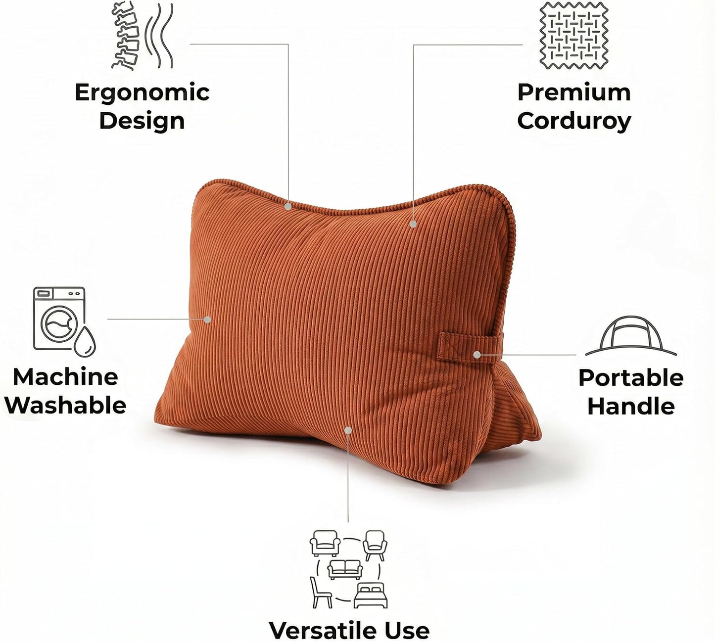 Pat. Pend. Corduroy Lumbar Support Back Pillow for Watching TV, Reading & Gaming, Ergonomic Triangle Support Cushion for Sofa, Armchair & Bed Sitting, Removable Washable Cover, Beige Gray