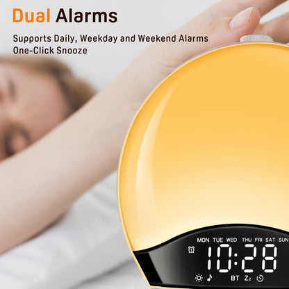 JALL Full Screen Dimmer Sunrise Alarm Clocks for Bedrooms, Wake Up Light with FM Radio, 25 White Noise Sleep Sounds, Bluetooth Speaker, Dual Alarms Bedside Clock for Heavy Sleepers