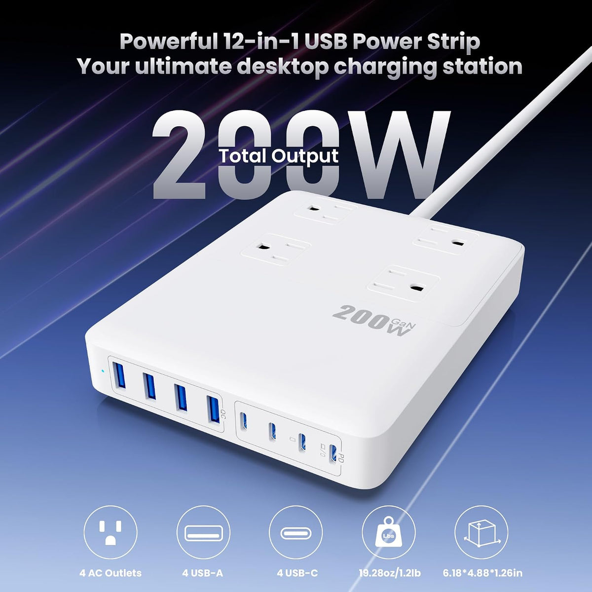 12-in-1 Charging Station USB C Power Strip with 5ft Cord and Plug,200W GaN IV USB C Charger Block,4 AC Outlets,8 USB for MacBook,iPhone 17/16/15,Fast Charging Desktop Charger for Office,Home