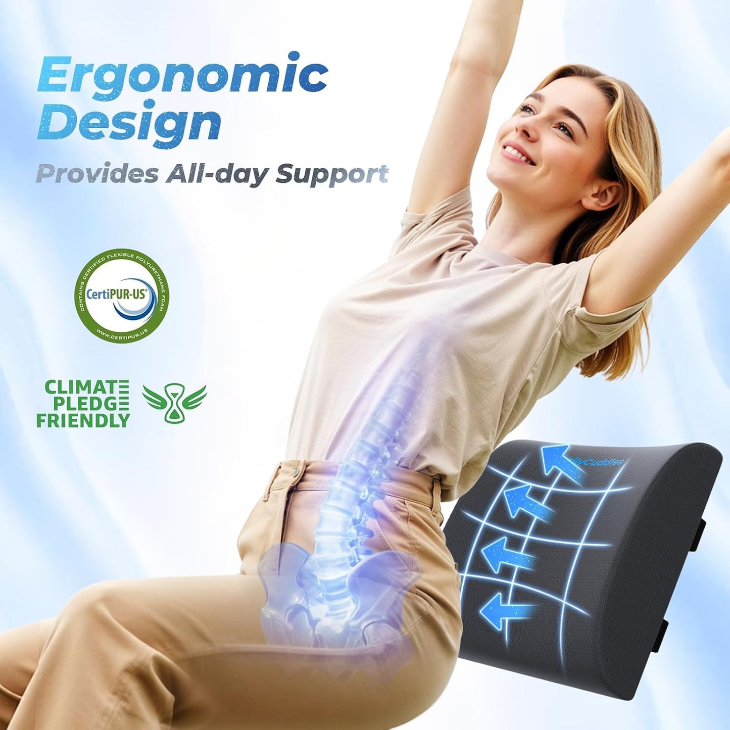 Lumbar Support Pillow for Office Chair Back Support - Memory Foam Lumbar Pillow for Car or Gaming Chair, Ergonomic Back Cushion with Adjustable Strap for Long-Hour Sitting (Black)