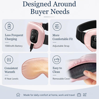 Cordless Heated Eye Mask-4 Heat Levels & 4 Timers Heated Eye Mask Rechargeable for Dry Eyes Warm Compress for Eyes Home Office Travel Sleep Soft Adjustable Portable Eye Mask Gift for Women Men