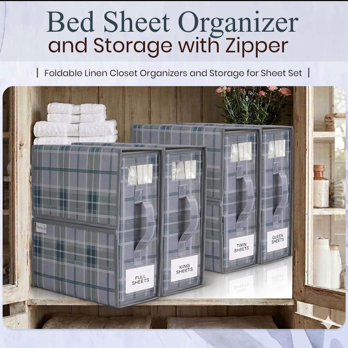 4 Pack Bed Sheet Organizer and Storage with Zipper – Linen Closet Organizers for Full, King, Queen & Twin Sheet Sets, Bedding Storage for Blankets and Duvet Covers, Black