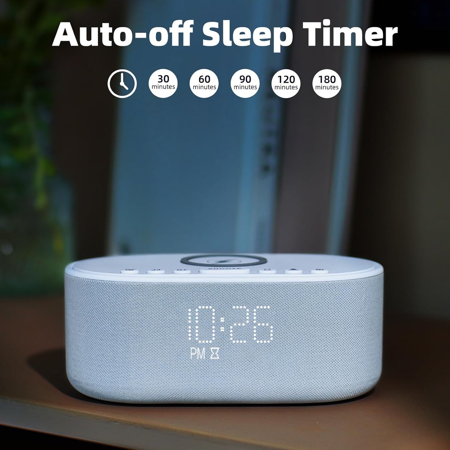Sound Machine Alarm Clock for Bedrooms: Bluetooth 10W Stereo Sound Speaker with Wireless Charging - White Noise Machine for Sleeping with 21 Soothing Sounds - Putty