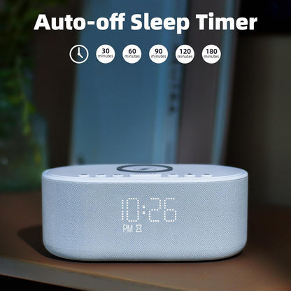 Sound Machine Alarm Clock for Bedrooms: Bluetooth 10W Stereo Sound Speaker with Wireless Charging - White Noise Machine for Sleeping with 21 Soothing Sounds - Putty