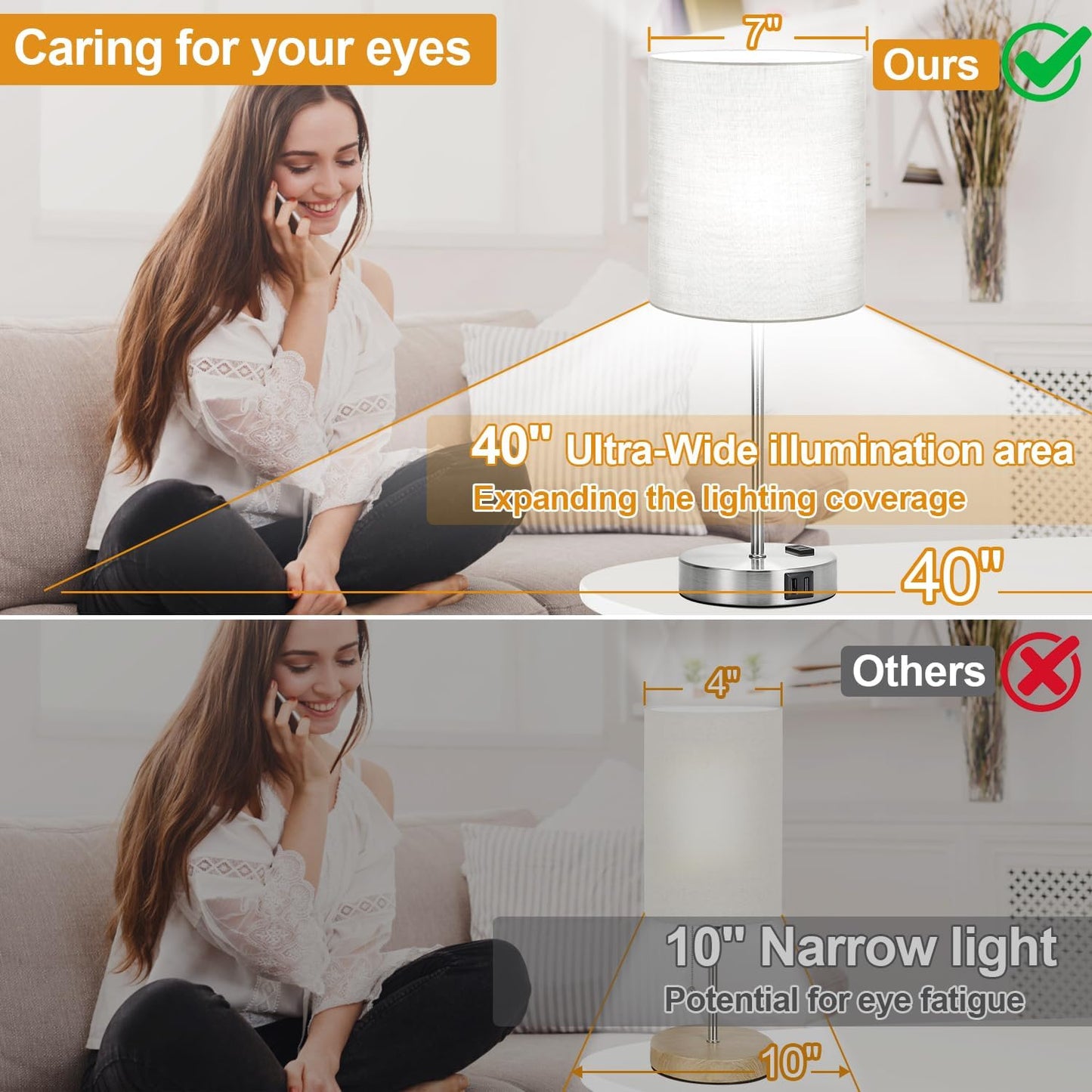 Set of 2 Touch Control Table Lamps with 2 USB & AC Outlet, 3-Way Dimmable Bedside Nightstand Lamps for Bedroom Living Room Nursery, 800 Lumens 5000K Daylight Bulbs Included