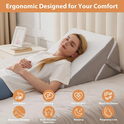 BIEEZZK Wedge Pillow Set for After Surgery, Wedge Pillow for Acid Reflux, Bed Wedge Pillow with Adjustable 9&12inch for Headboard,Sleeping, Orthopedic Memory Foam for Neck&Back Support, White/Grey