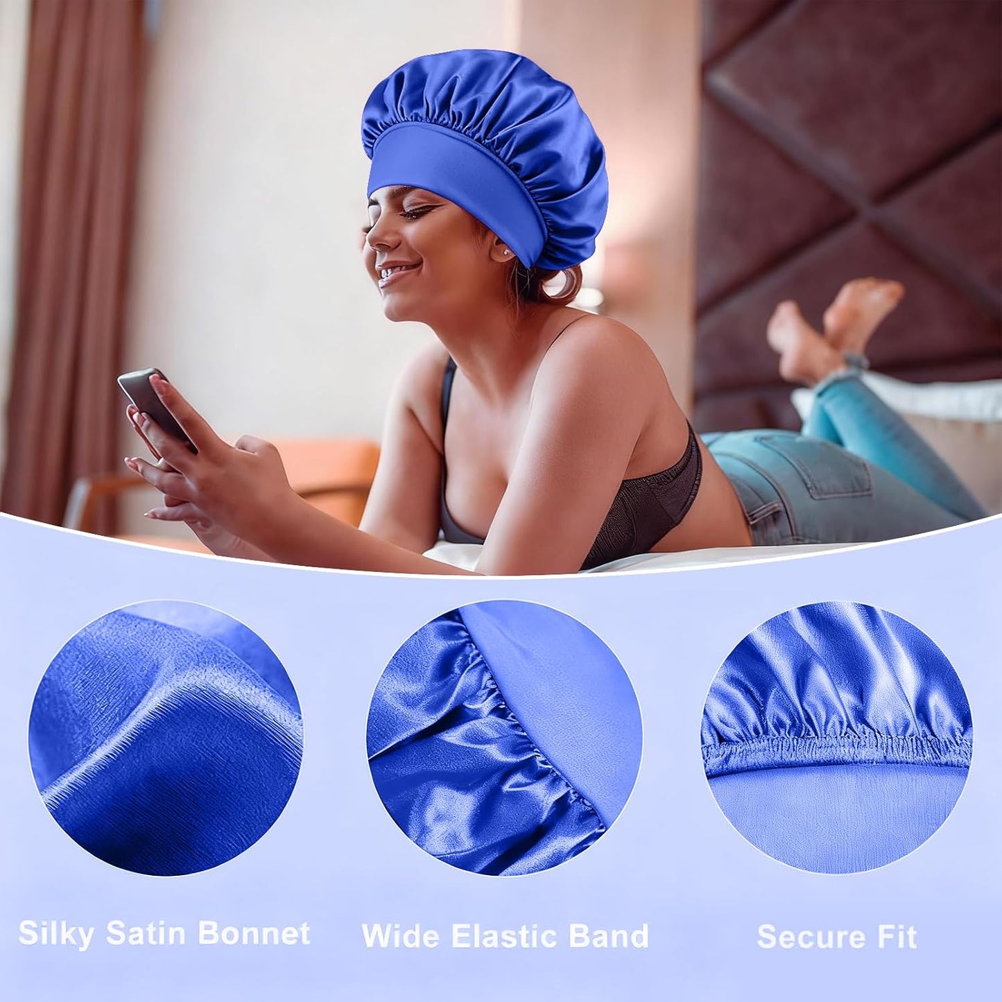 4Pcs Silk Satin Bonnets for Sleeping - Elastic Wide Band Wrap for Black Women Men,Silk Bonnets for Curly Hair,Large Hair Cap for Sleeping (Black+Wine Red+Purple+Brown)