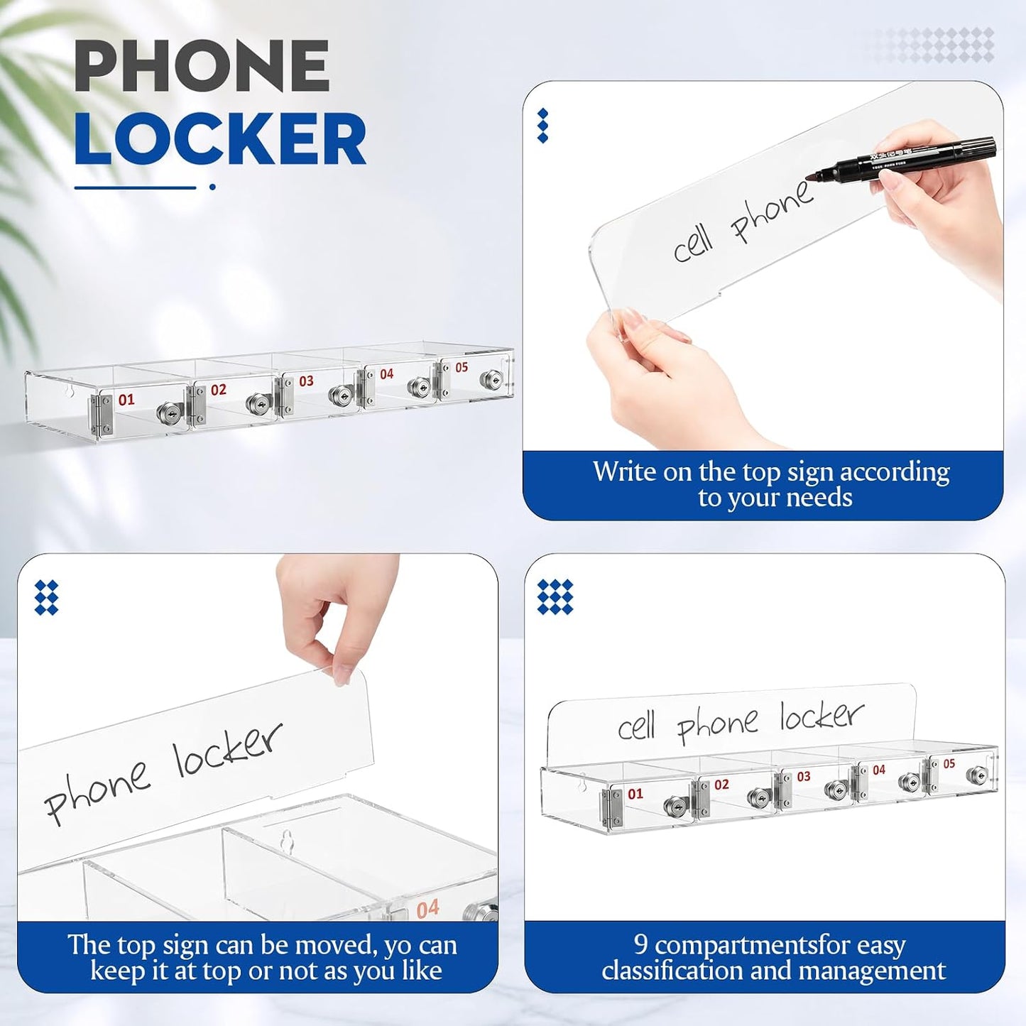 Threan 12 Slot Cell Phone Storage Box, Acrylic Clear Cell Phone Storage Cabinet Wall Mounted with Door, Locks and Keys for Office School Factory