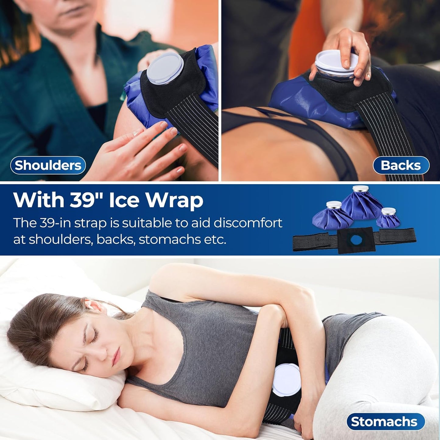 Ice Bags for Injuries Reusable: Ohuhu 3 Packs Ice Cold Packs with Wrap Ice Bag Hot Water Hot & Cold Therapy Pain Relief for Knee Leg Injury No-Leak Waterproof Ice Bags 3 Sizes 6"/9"/11", Blue
