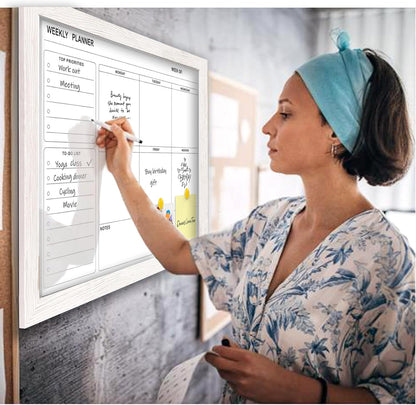 White Board Weekly Calendar Dry Erase Planner for Wall-16"X12",Black Solid Wood Frame,Minimal/Modern Design, Magnetic Whiteboard Planner for to Do List, Memo, School, Home, Office, Kitchen
