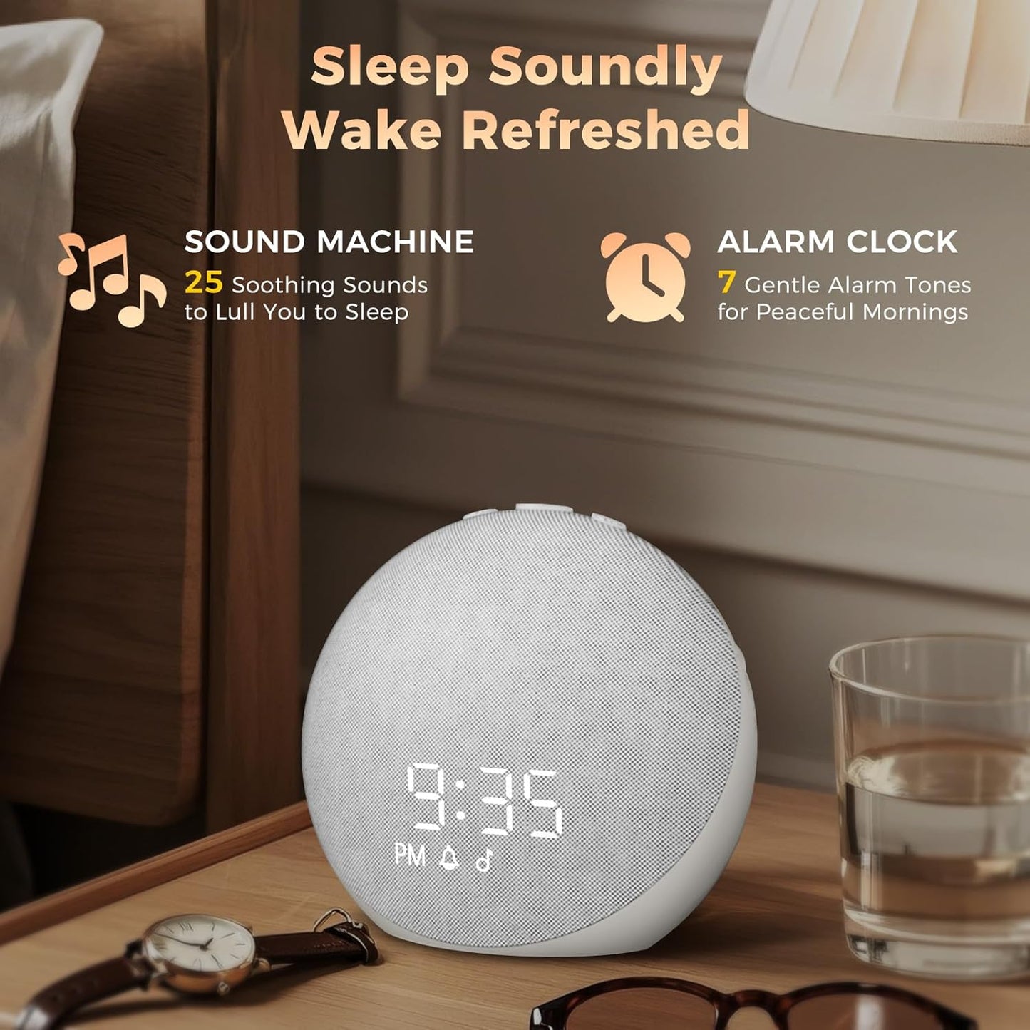 Sound Machine Alarm Clock for Bedroom: 25 Natural Sleep Sounds - White Noise Machine for Adults Kids Baby - Gentle Wake Up Alarm with Bluetooth Speaker - Putty