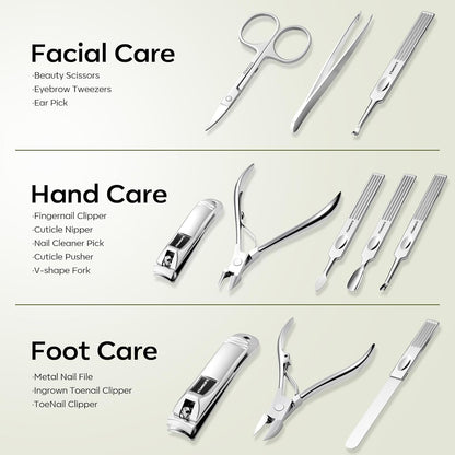 FAMILIFE Gifts for Women, Manicure Set Professional Manicure Kit 11 in 1 Nail Kit Nail Clippers Tools Stainless Steel with Rose Gold Leather Case Travel Sets