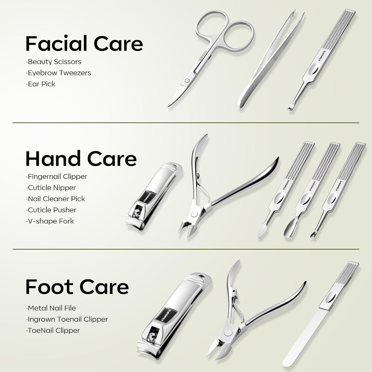 FAMILIFE Stainless Steel Manicure Set 11-in-1 Professional Nail Clipper Kit