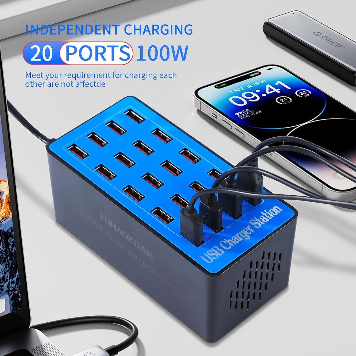 Charging Station, 100W 20-Port USB Multi Device Charger Hub with Intelligent Safety Features, Compact Power Strip for Phones, Watches, Pads, Speakers, Headphones & PS, Ideal for Home Office & Travel