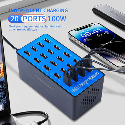 Charging Station, 100W 20-Port USB Multi Device Charger Hub with Intelligent Safety Features, Compact Power Strip for Phones, Watches, Pads, Speakers, Headphones & PS, Ideal for Home Office & Travel