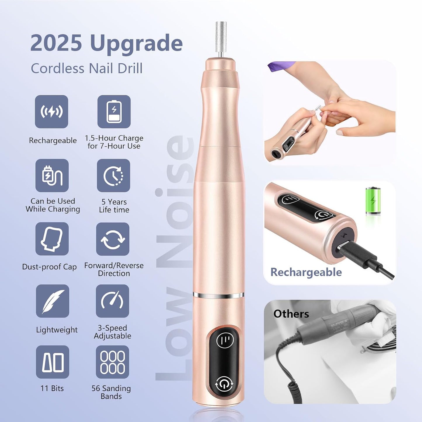 TUOBEO Cordless Nail Drill Electric Nail File Kit, Rechargeable Efile Set, Portable Acrylic Gel Nail Polish Remover Machine, Pedicure Manicure Tool, 11 Bits, 56 Sanding Bands, Salon Home, Purple