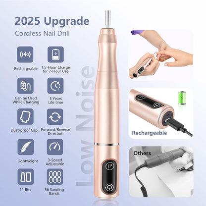 TUOBEO Cordless Nail Drill Electric Nail File Kit, Rechargeable Efile Set, Portable Acrylic Gel Nail Polish Remover Machine, Pedicure Manicure Tool, 11 Bits, 56 Sanding Bands, Salon Home, Purple