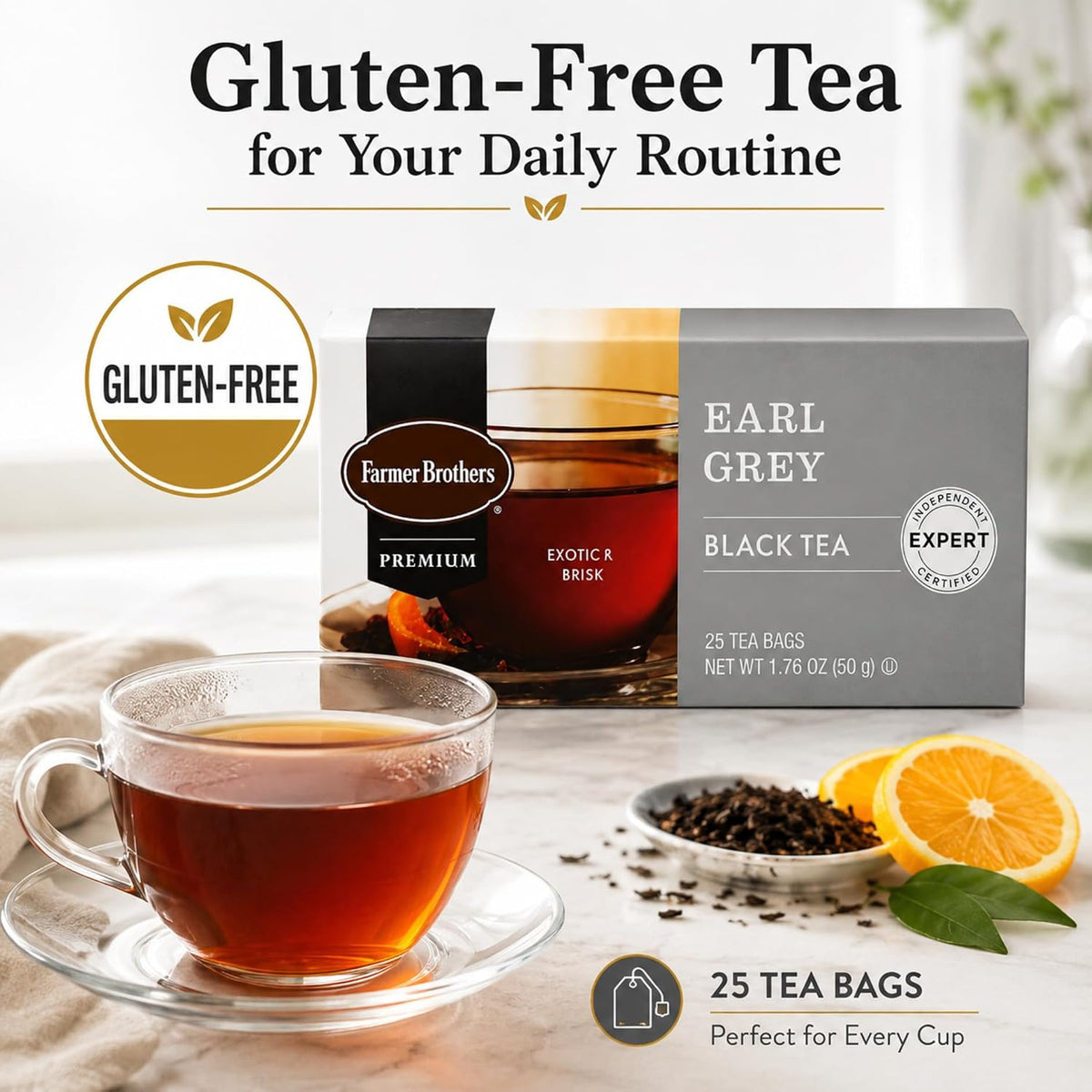 Farmer Brothers Premium Earl Grey Black Tea Bags, 25 Count, Gluten-Free