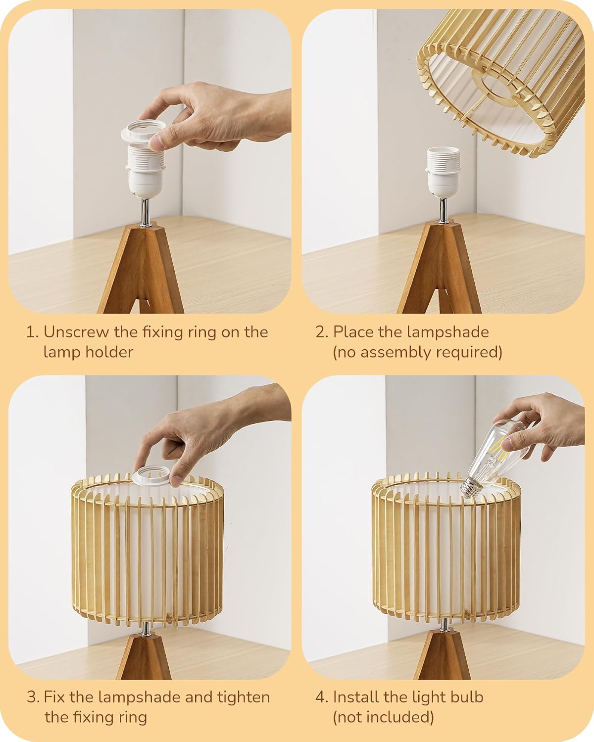 EDISHINE Tripod Table Lamp, Small Cute Bedside Lamp with Linen Beige Lampshade, Nightstand Lamp for Nursery, Bedroom, Kid Room, Living Room, Light Brown Wooden Base, E26 Socket, 14.2 Inch