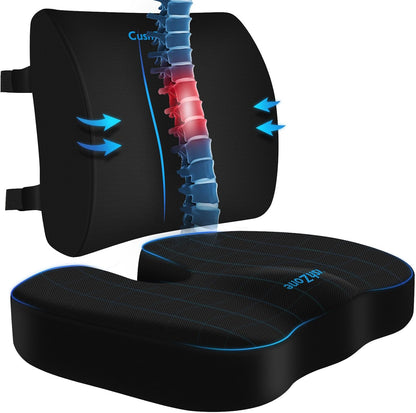CushZone Ergonomic Seat Cushion & Lumbar Support Pillow - Memory Foam for Sciatica Pain Relief & Posture Correction, Non-Slip Chair Cushions for Office Chair/Car/Wheelchair/Travel (Black)