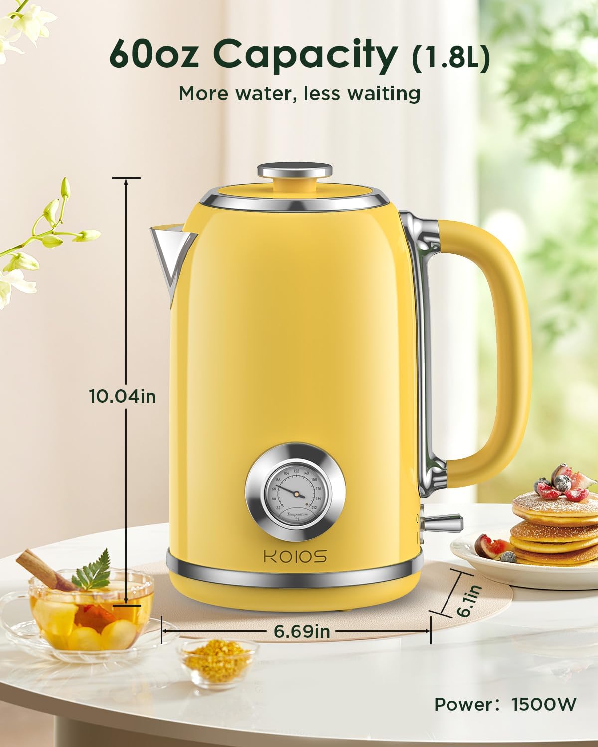 Electric Kettle 1.8L with Temperature Gauge, 1500W Fast Boiling Electric Tea Kettle, 100% Stainless Steel Retro-Style Hot Water Kettle Electric - Glowing LED Light, Auto Shut-Off & Boil-Dry Protection