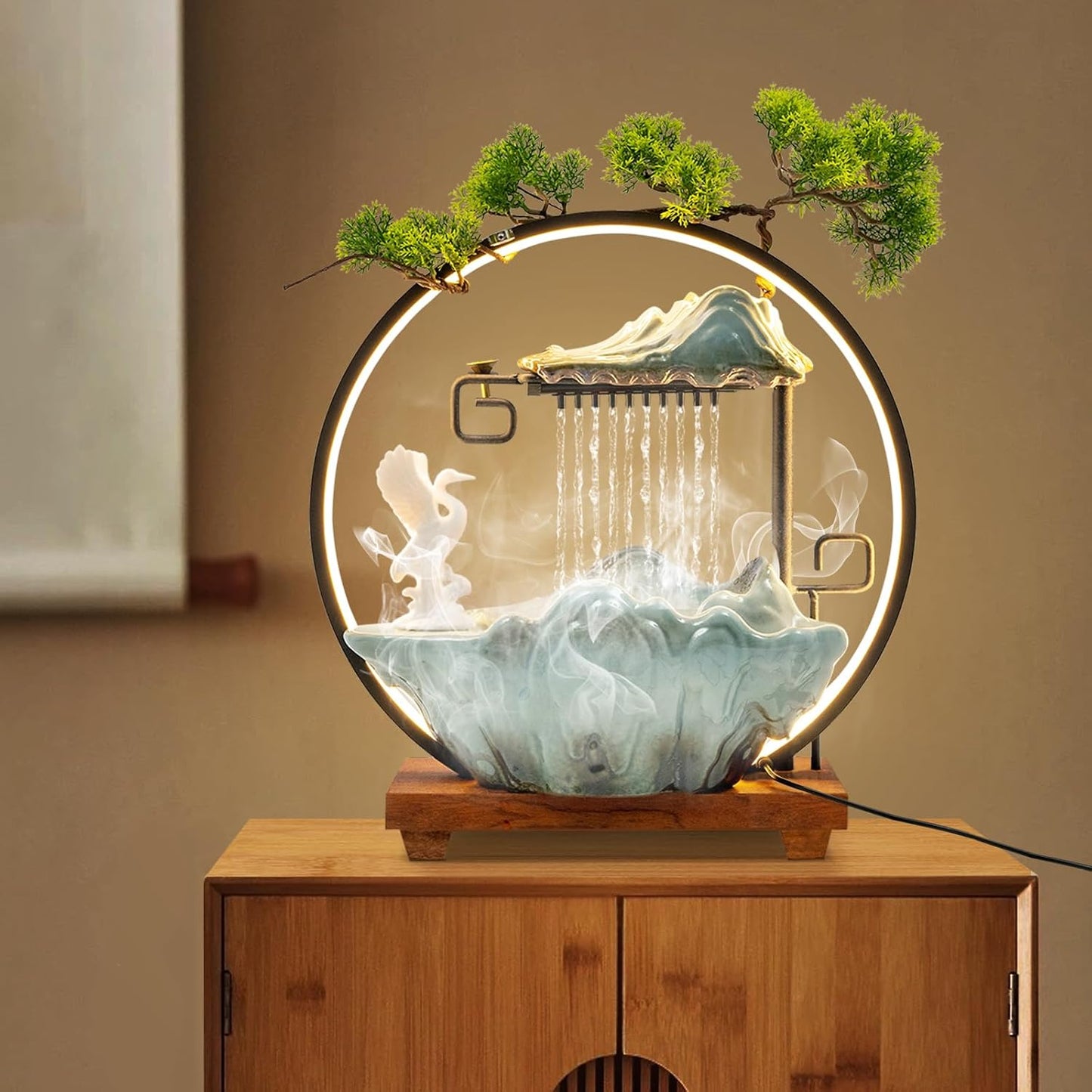 Mini Artificial Bonsai Tree Waterfall Fog Feature Rock Tabletop Fountain | 11in Desktop Decor Waterfall Fountain W/ Water Pump& Atomizer&LED Lights &Fake Tree Office Bedroom Relax