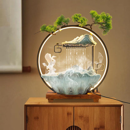 Mini Artificial Bonsai Tree Waterfall Fog Feature Rock Tabletop Fountain | 11in Desktop Decor Waterfall Fountain W/ Water Pump& Atomizer&LED Lights &Fake Tree Office Bedroom Relax